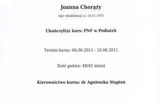Joanna Chorąży - Certyfikat PNF w Pediatrii