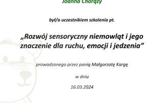 Joanna Chorąży - Certyfikat Rozwój sensoryczny niemowląt