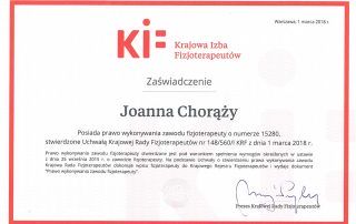 Joanna Chorąży - Certyfikat - KIF - Prawo do wykonywania zawodu Fizjoterapeuty